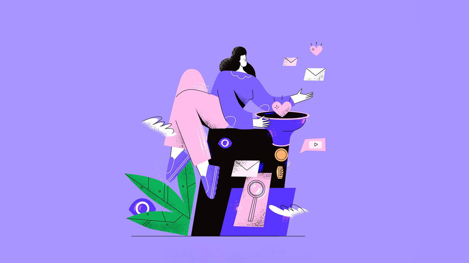 woman with purple sweater holding a marketing funnel illustration